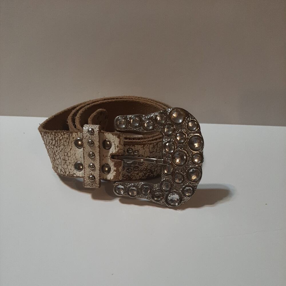 White Crackled Genuine Leather Womens Gem Studded Belt One Size